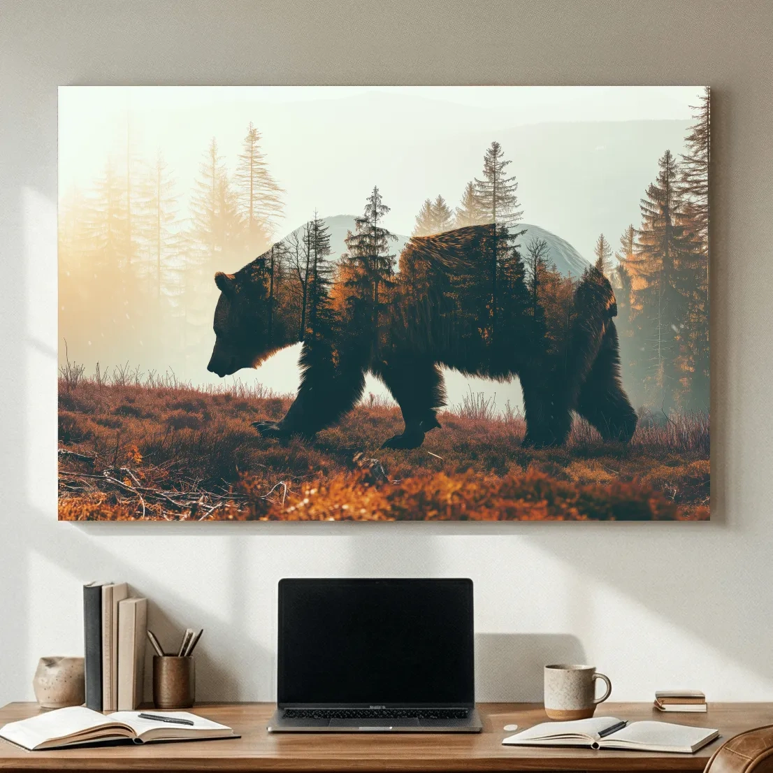 Double Exposure Grizzly Bear Forest - Misty Mountain Wildlife Photographic Artwork