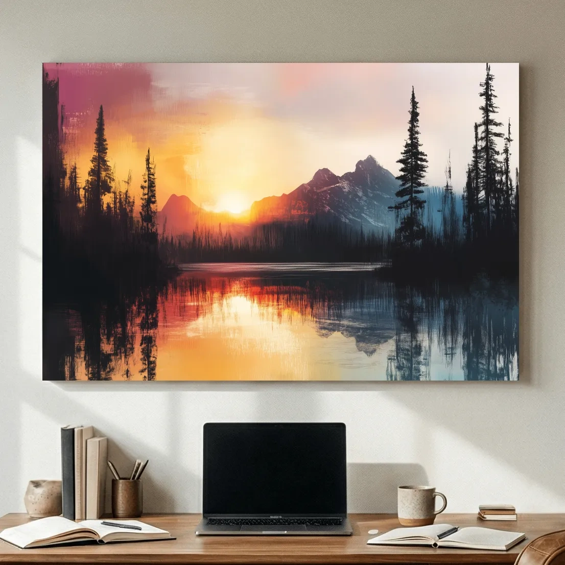 Sunset Mountain Lake Reflection Painting - Dramatic Pine Forest Landscape Wall Art