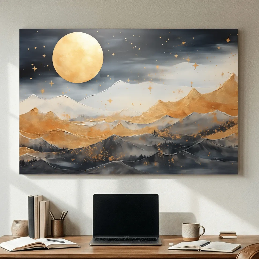 Golden Moonlit Abstract Mountain Landscape - Modern Watercolor Wall Art