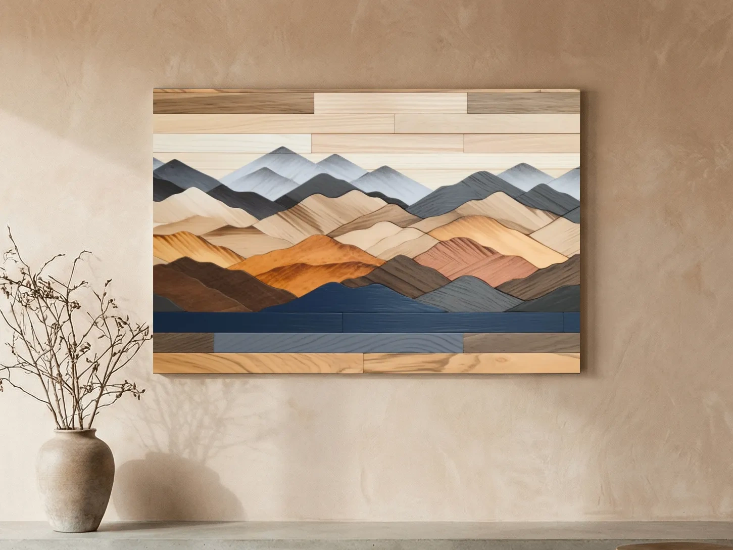 Rustic Layered Wooden Mountain Range Panorama - Modern Geometric Wall Art
