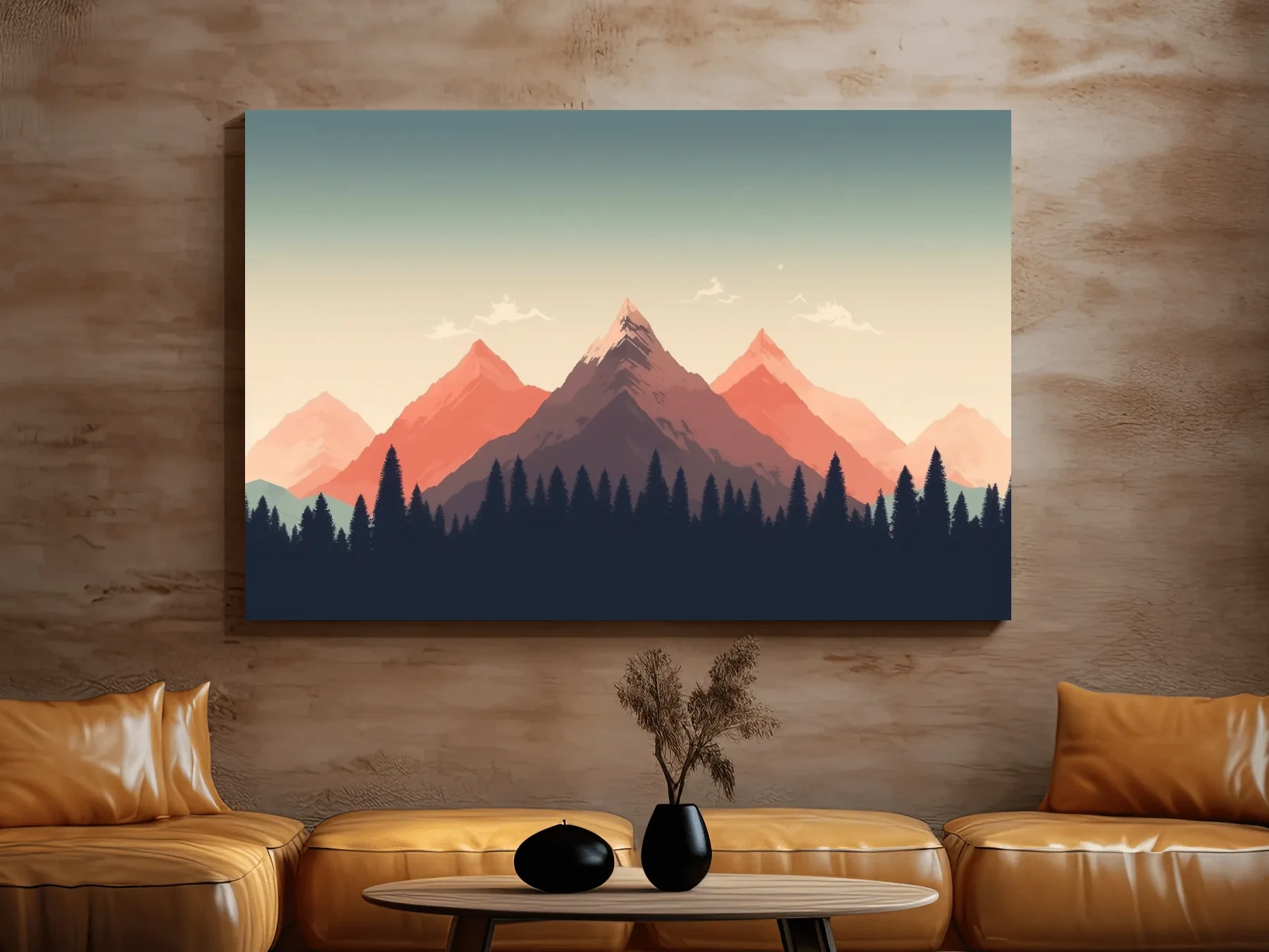 Minimalist Alpine Mountain Sunrise Artwork - Modern Scandinavian Forest Wall Art