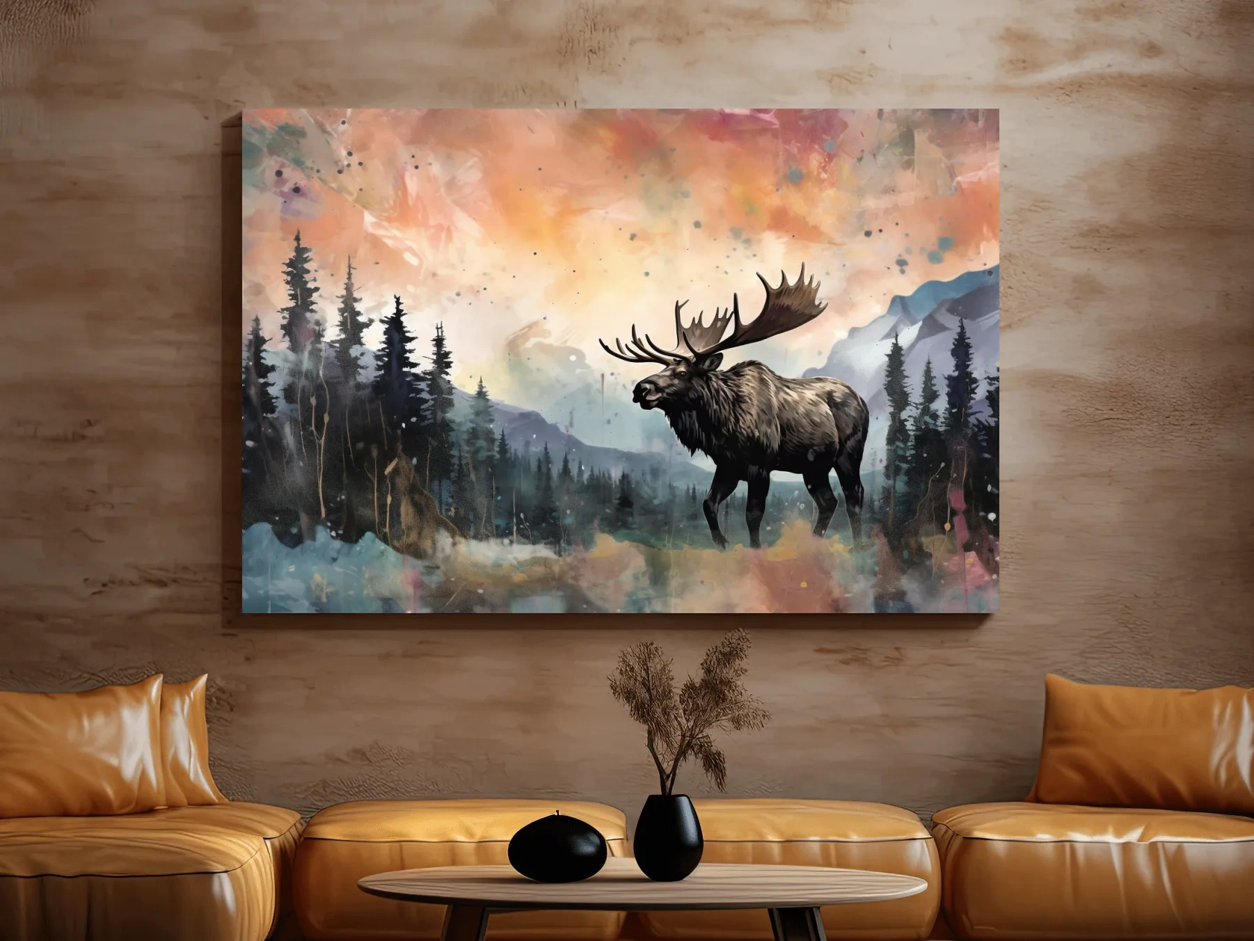 Watercolor Moose In Misty Mountain Forest - Rustic Wildlife Wall Art