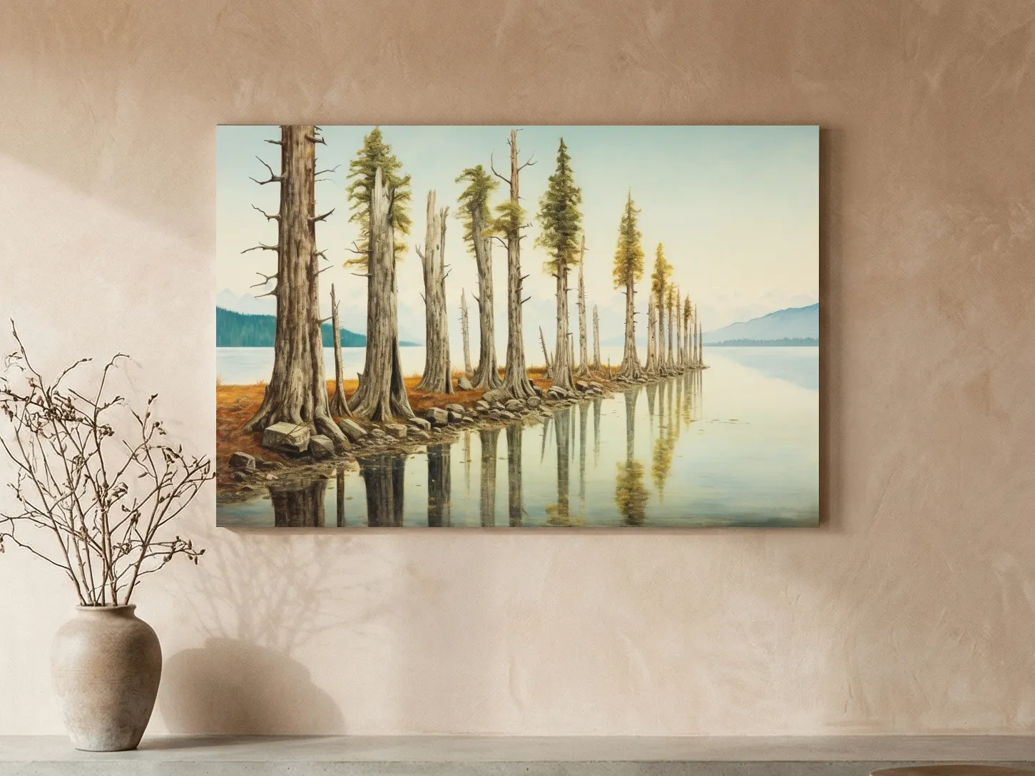 Serene Lakeside Pine Forest Reflections - Watercolor Landscape Wall Art