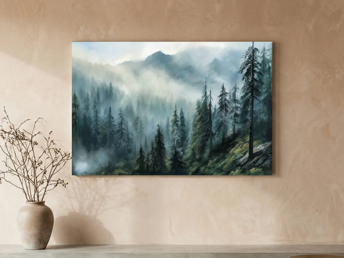 Misty Evergreen Forest Mountain Landscape - Moody Watercolor Nature Wall Art