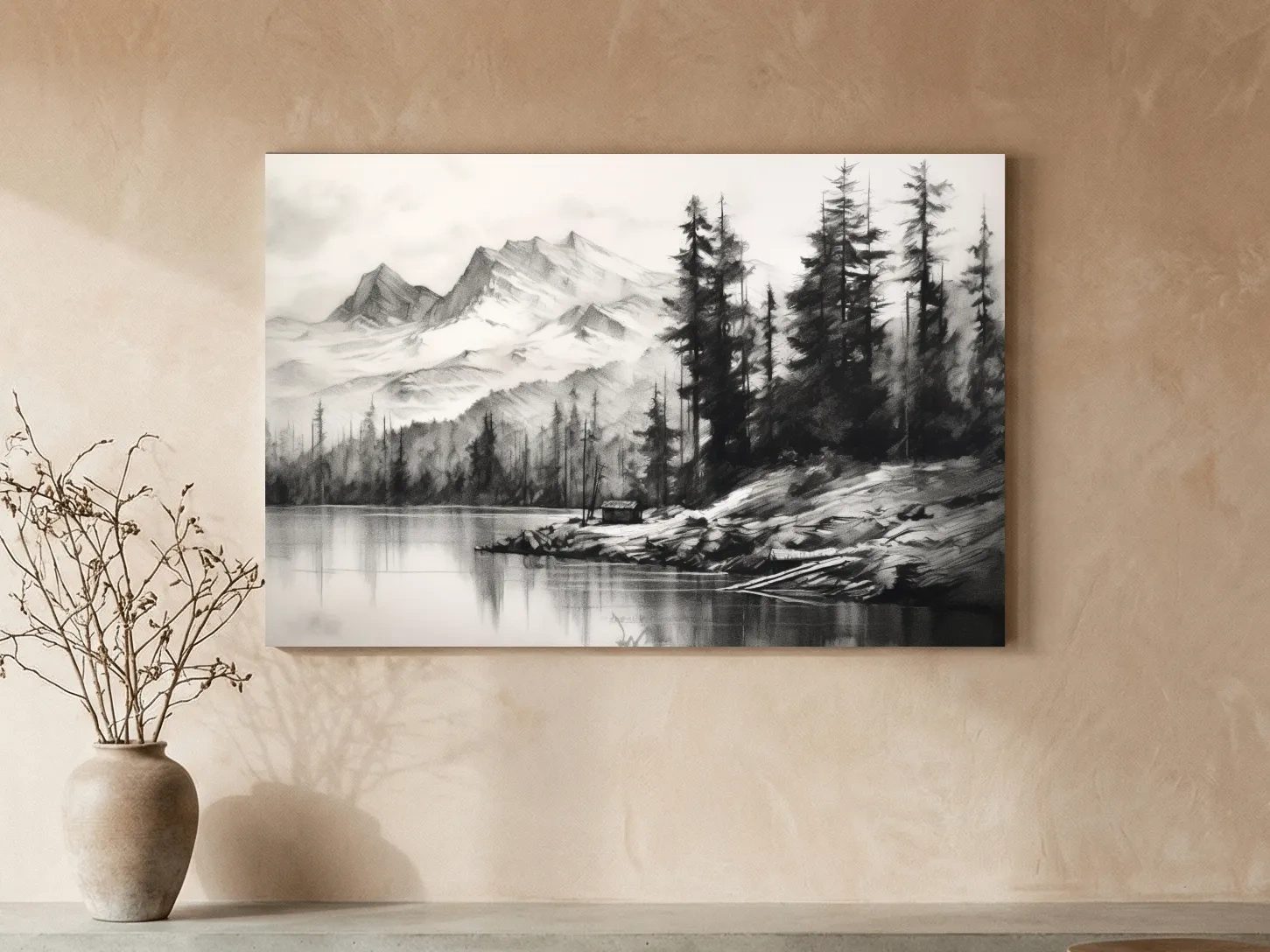 Monochrome Mountain Lake Charcoal Sketch - Pine Forest Landscape Wall Art