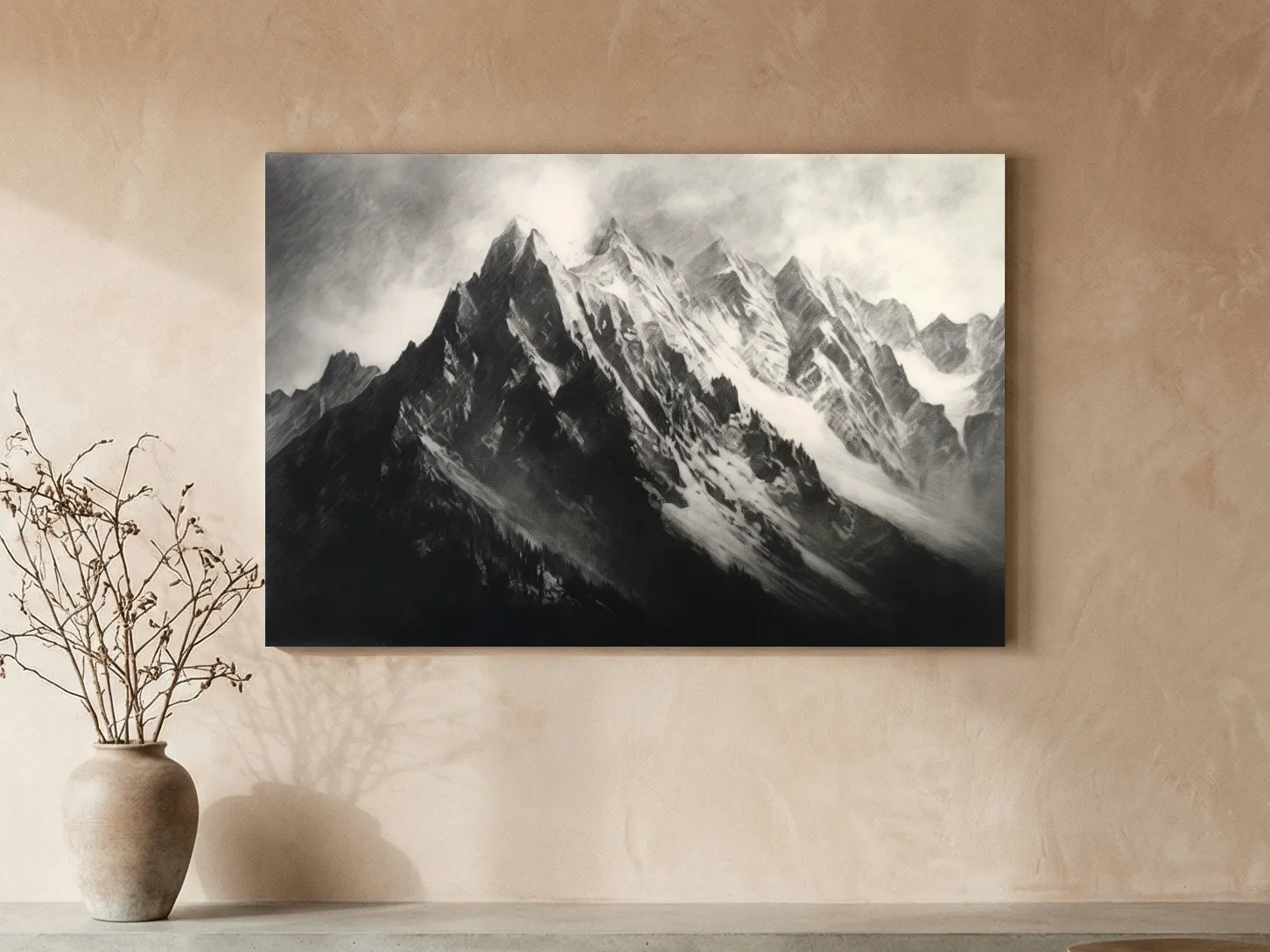 Moody Monochrome Snowy Mountain Peaks - Dramatic Charcoal Landscape Artwork