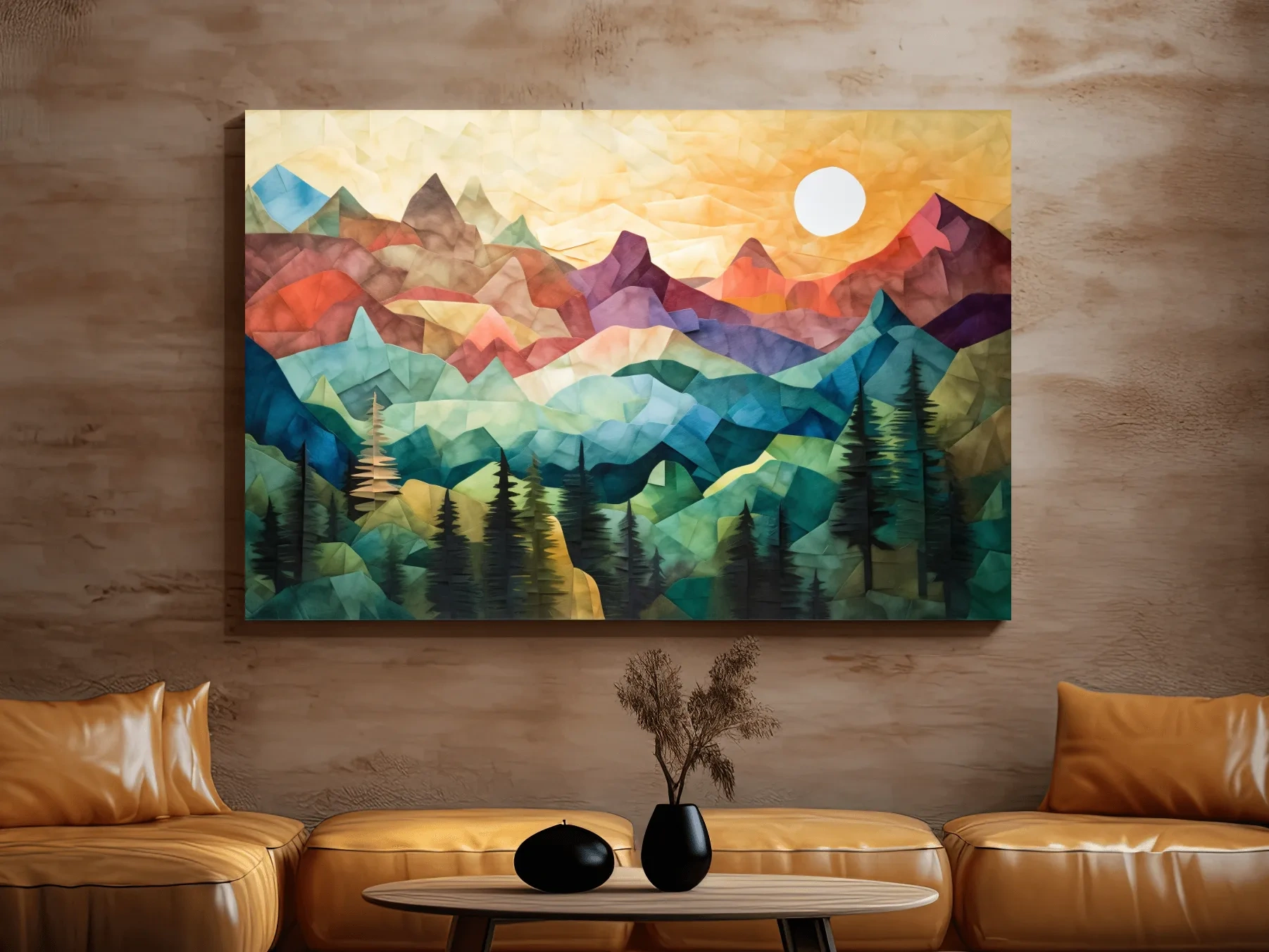 Abstract Sunset Mountain Canvas - Vibrant Patchwork Mosaic Art