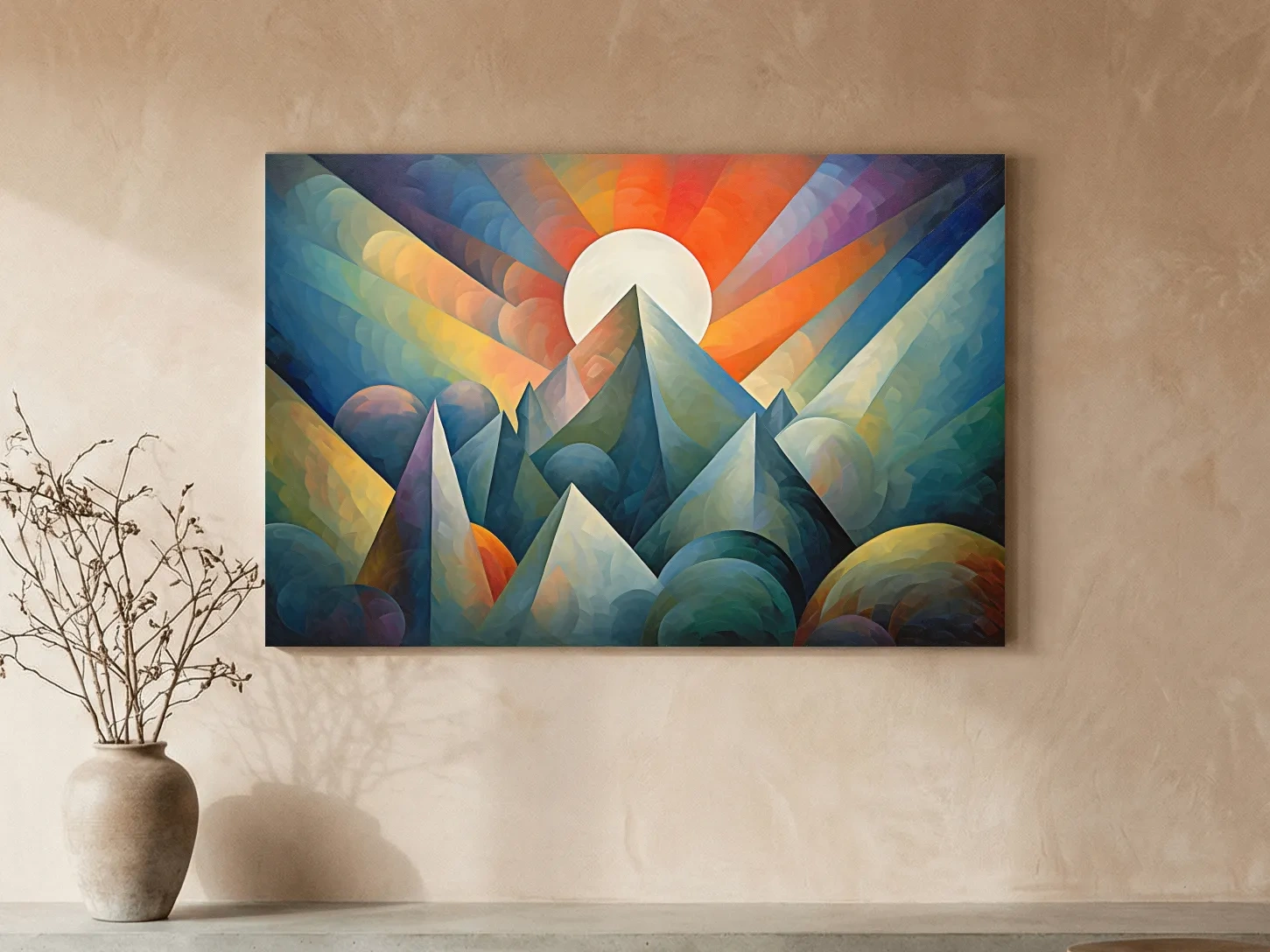 Vibrant Mountain Sunrise Painting - Abstract Alpine Landscape Wall Art
