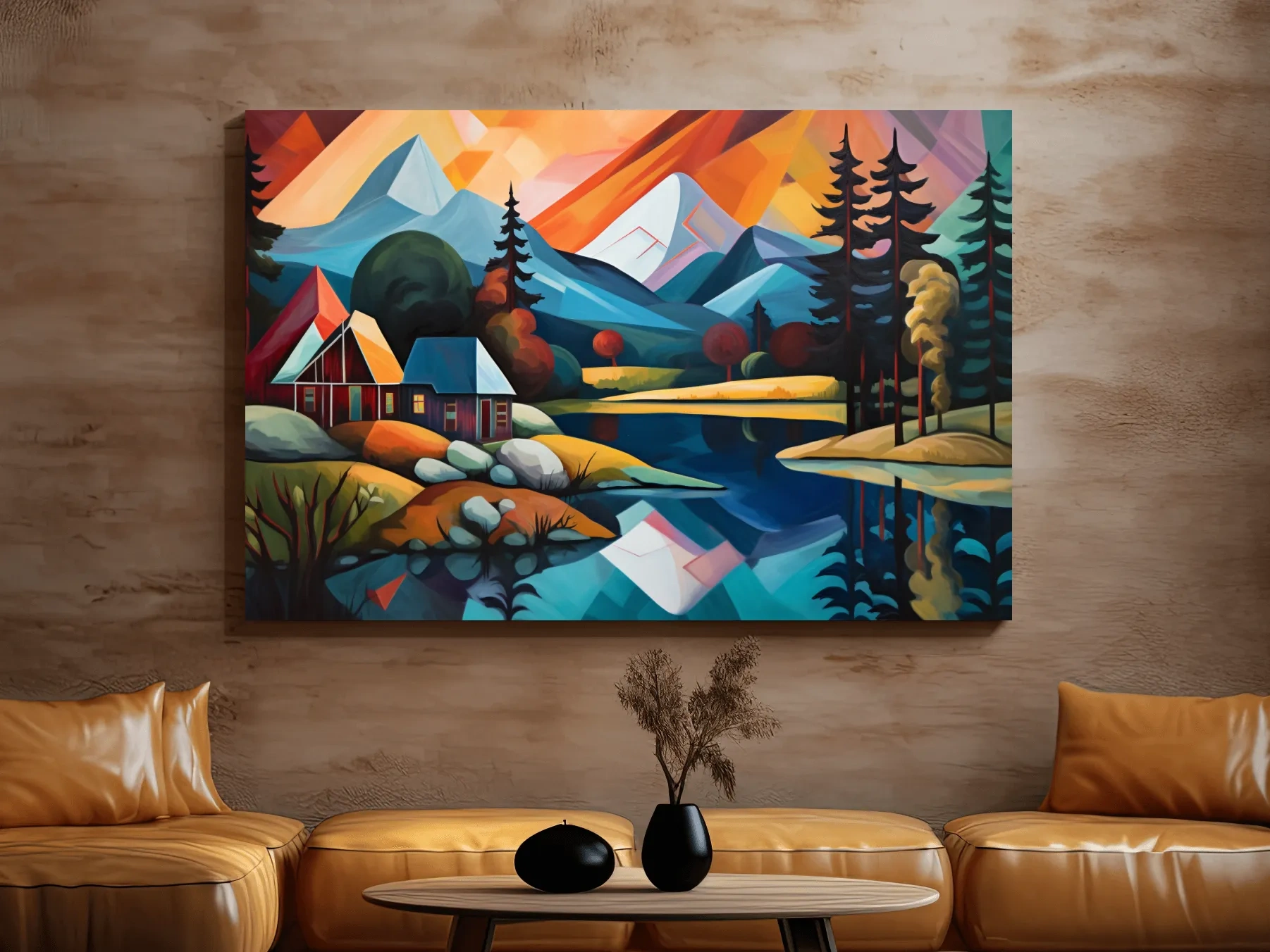 Vibrant Geometric Mountain Lake Cabin Oil Painting - Modern Abstract Wall Art