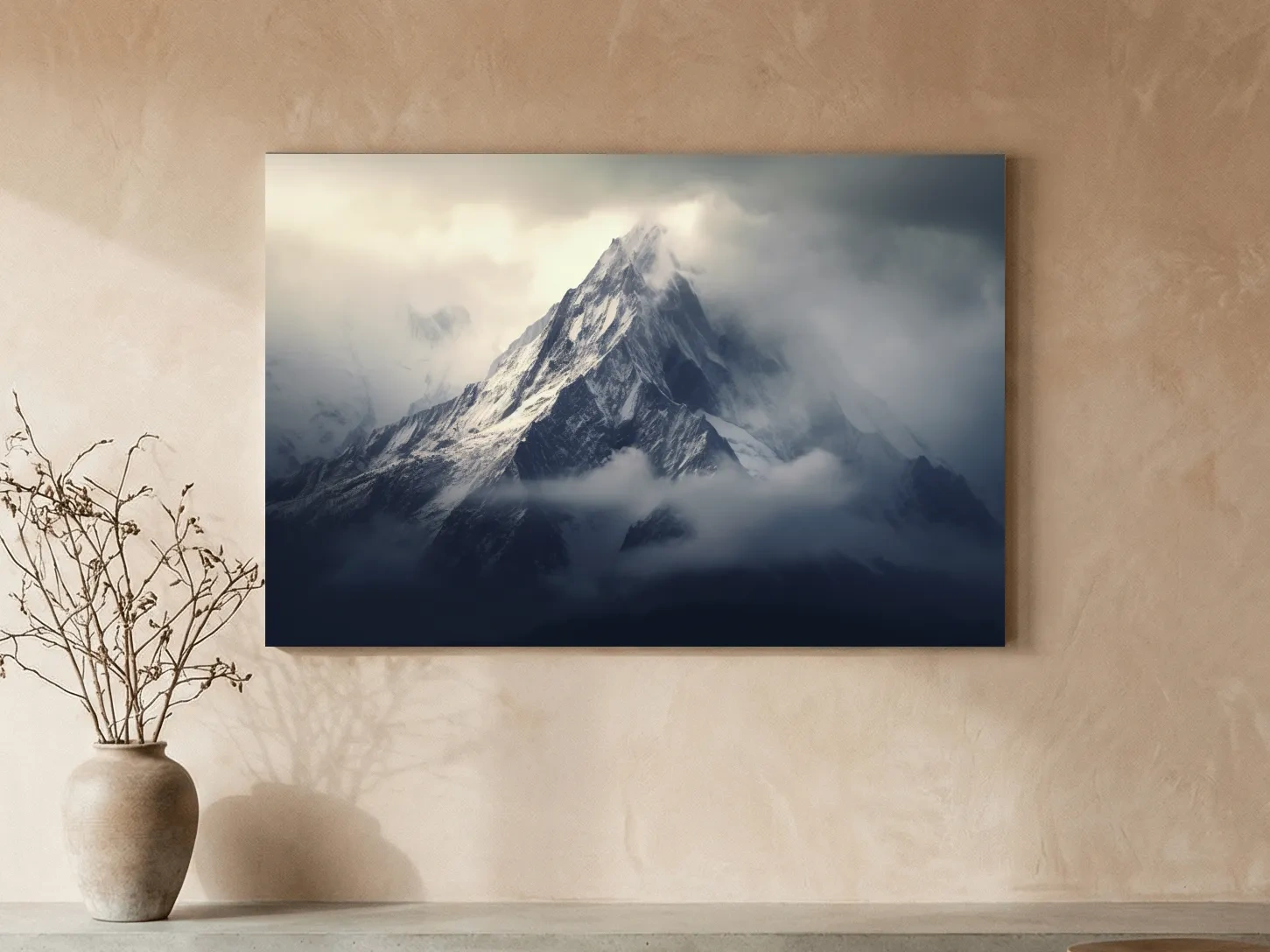Cloudy Snowcapped Peak Landscape - Dramatic Mountain Photography Wall Art