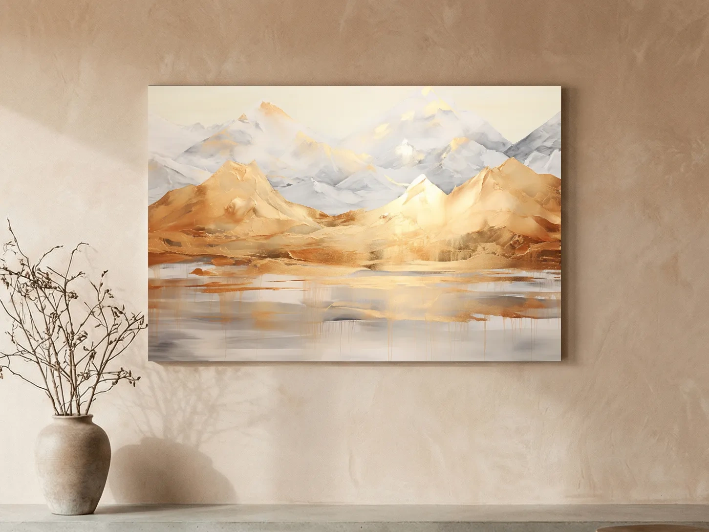 Luxe Golden Abstract Mountain Lake Painting - Elegant Landscape Wall Art