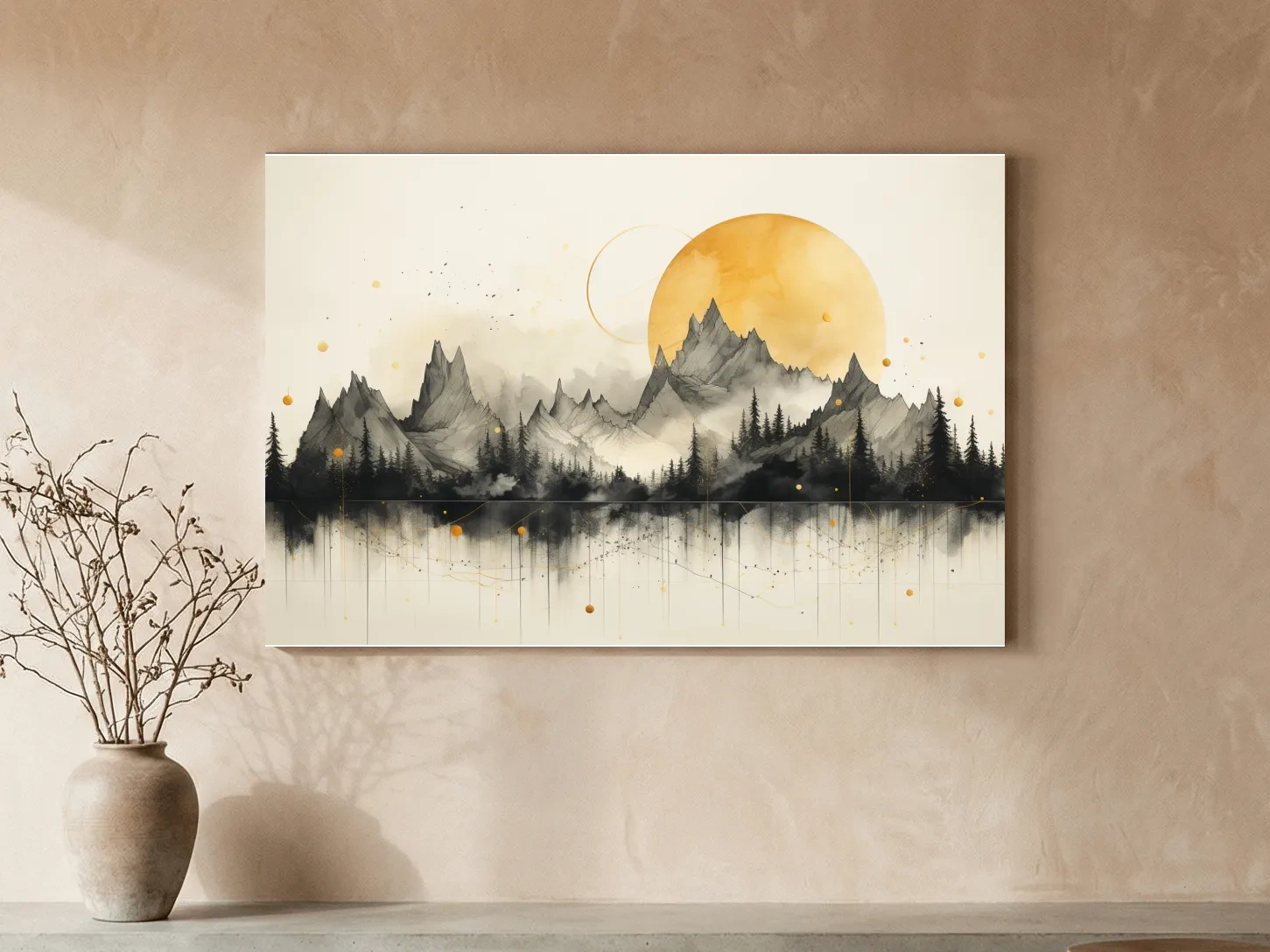 Golden Sun Abstract Mountain Range - Minimalist Watercolor Landscape Wall Art