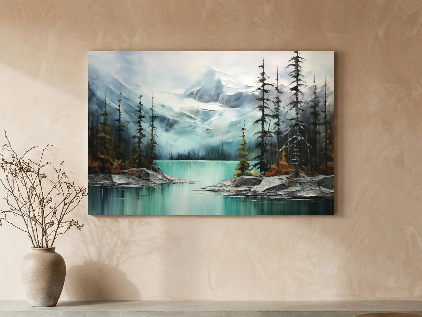 Misty Turquoise Mountain Lake Painting - Serene Alpine Forest Landscape Wall Art