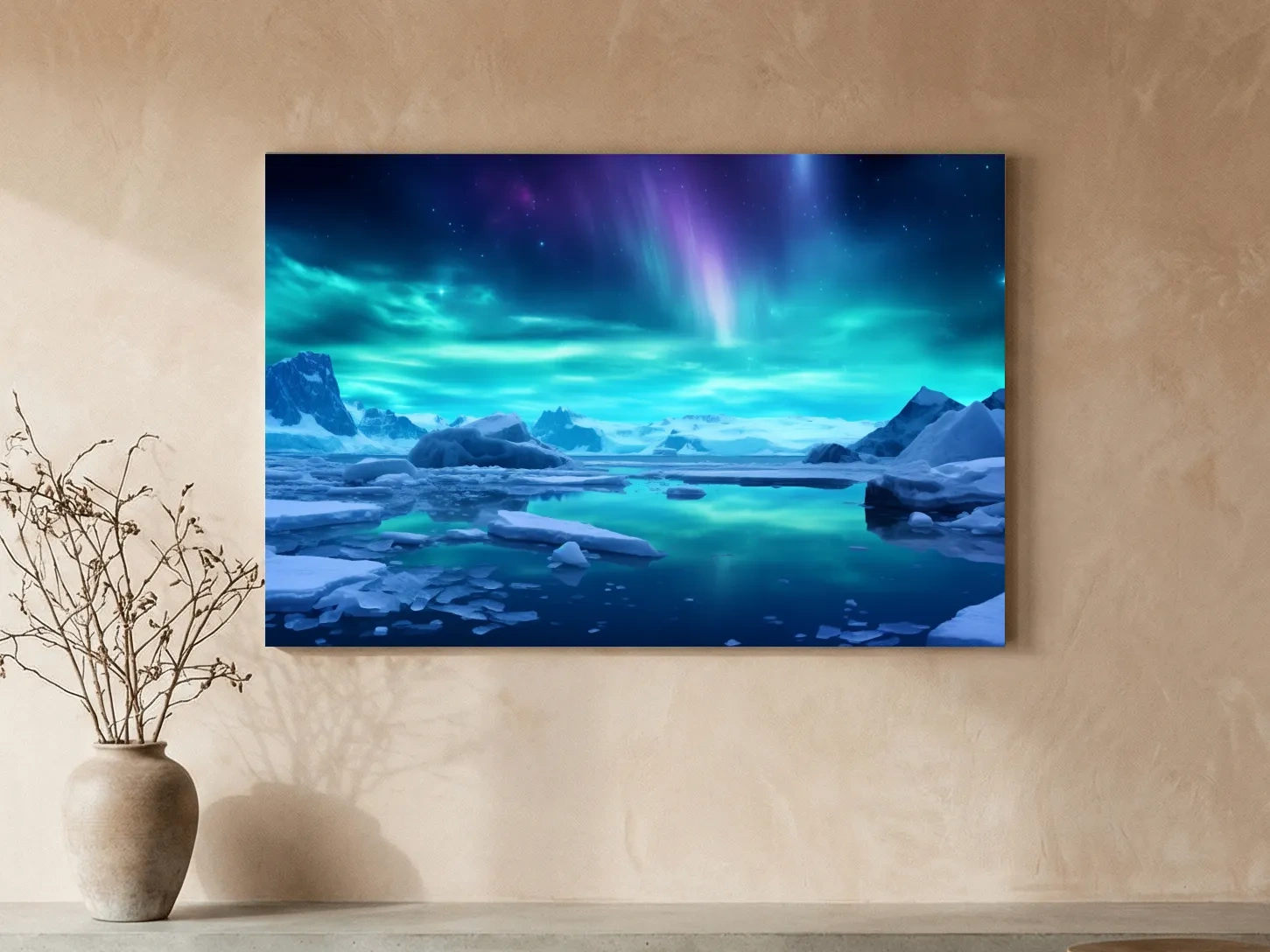 Vibrant Arctic Aurora Over Icebergs - Polar Night Photographic Wall Art