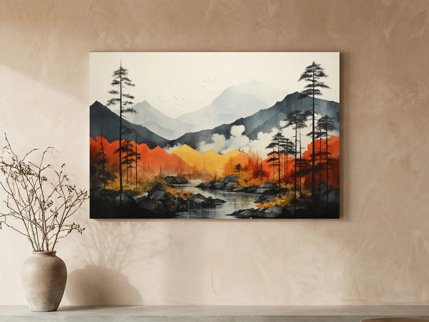 Surreal Mountain Lake Landscape - Autumn Forest Watercolor Wall Art