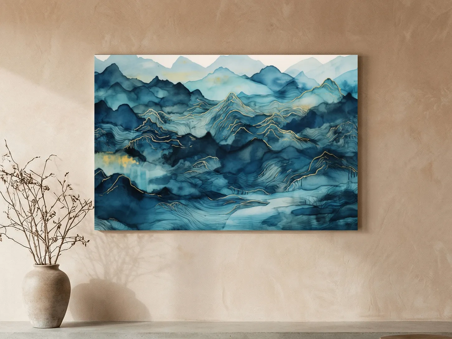 Watercolor Mountain Range With Gold Linework - Abstract Landscape Wall Art