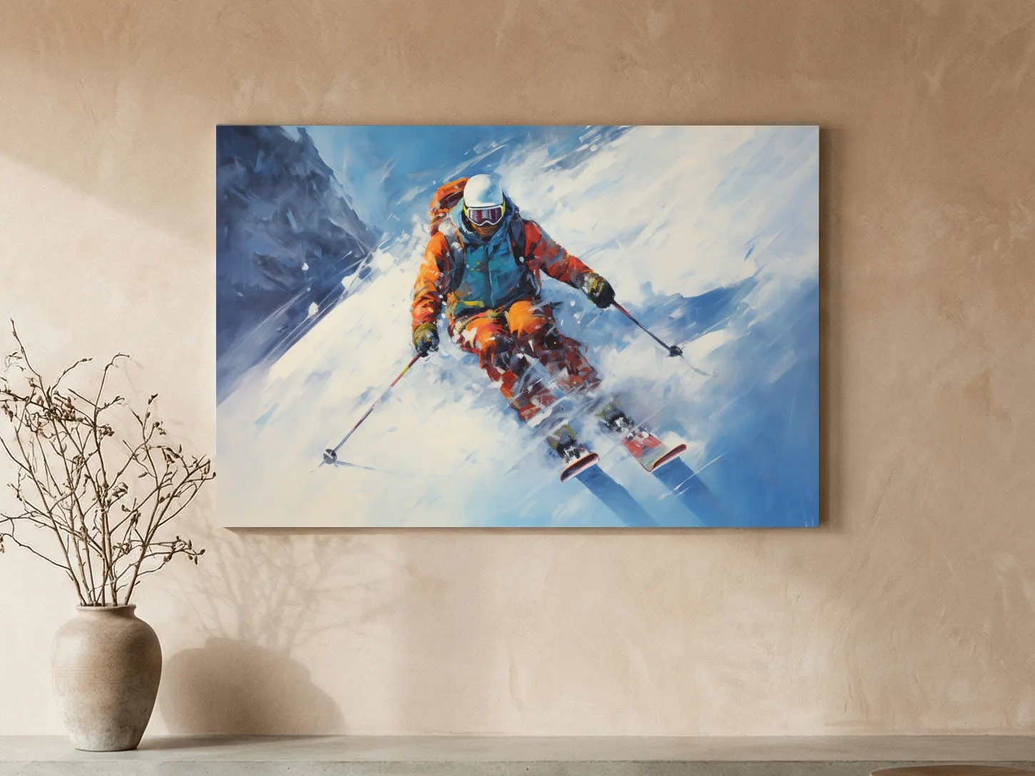 Dynamic Downhill Skier Painting - Snowy Alpine Adventure Wall Art