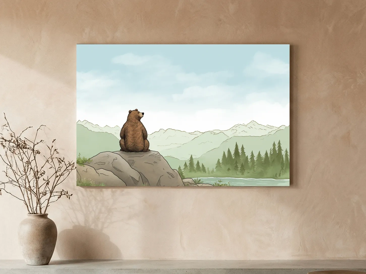 Whimsical Bear Overlooking Mountains - Cute Illustrated Nursery Wall Art