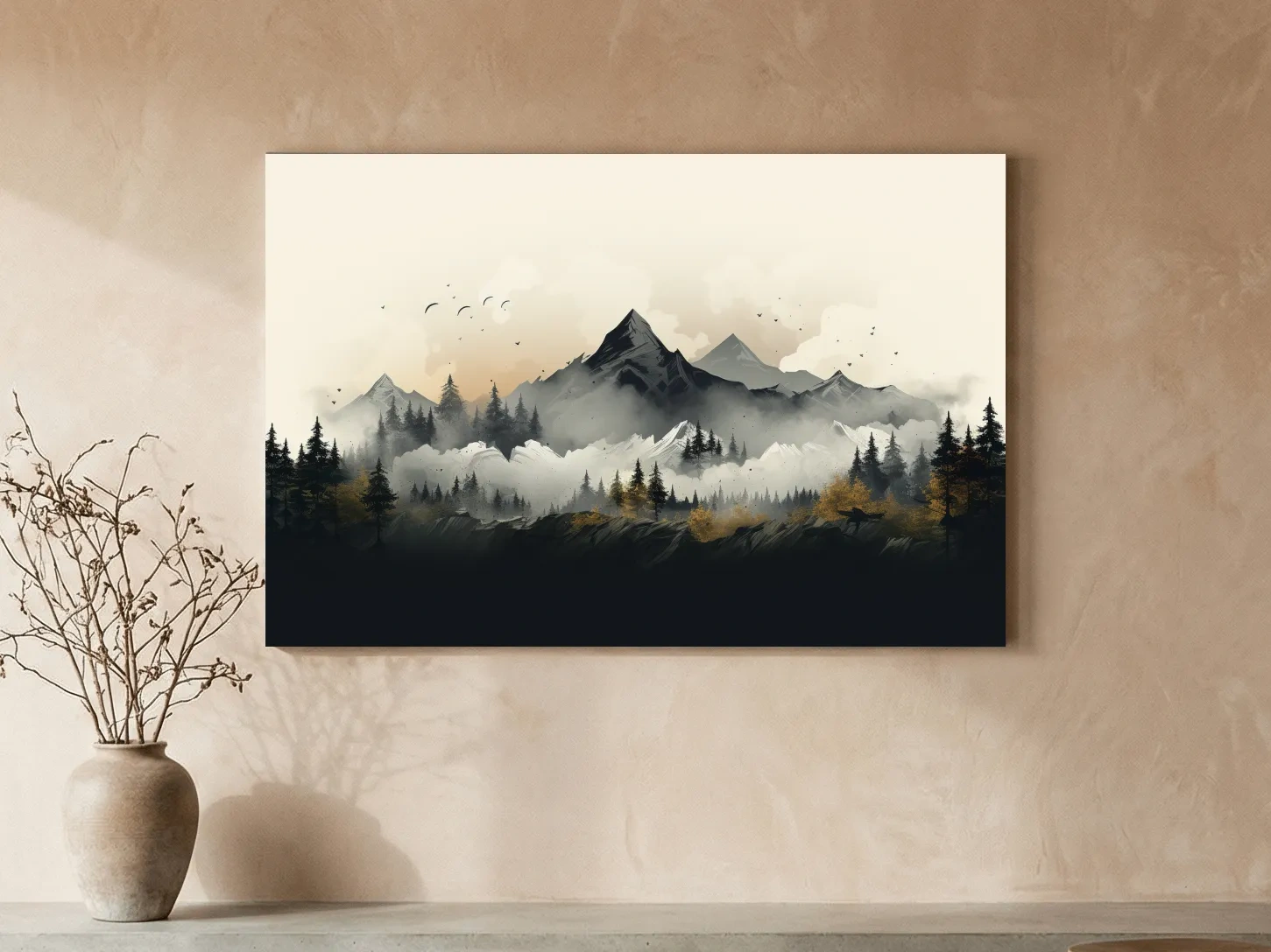 Misty Mountain Range With Pine Forest Illustration - Moody Landscape Wall Art