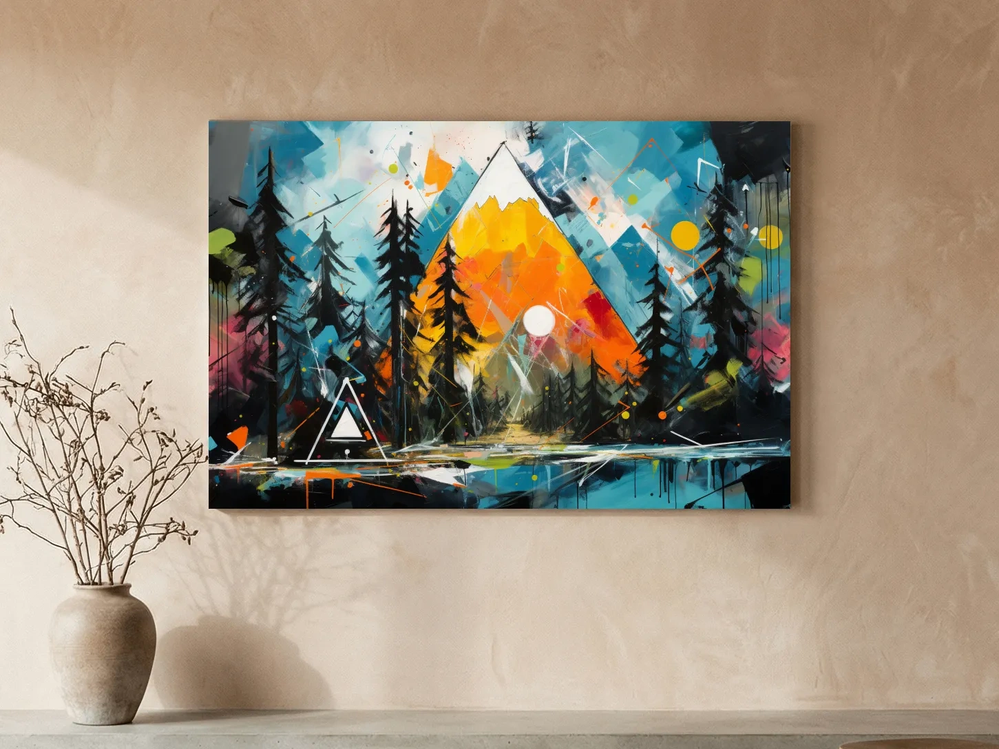 Vibrant Abstract Mountain Sunrise With Pine Forest - Energetic Landscape Wall Art