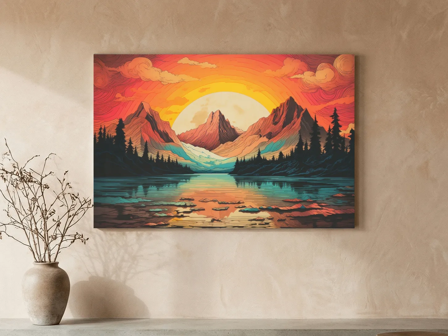 Vibrant Retro Alpine Lake Sunset - Stylized Mountain Wall Art