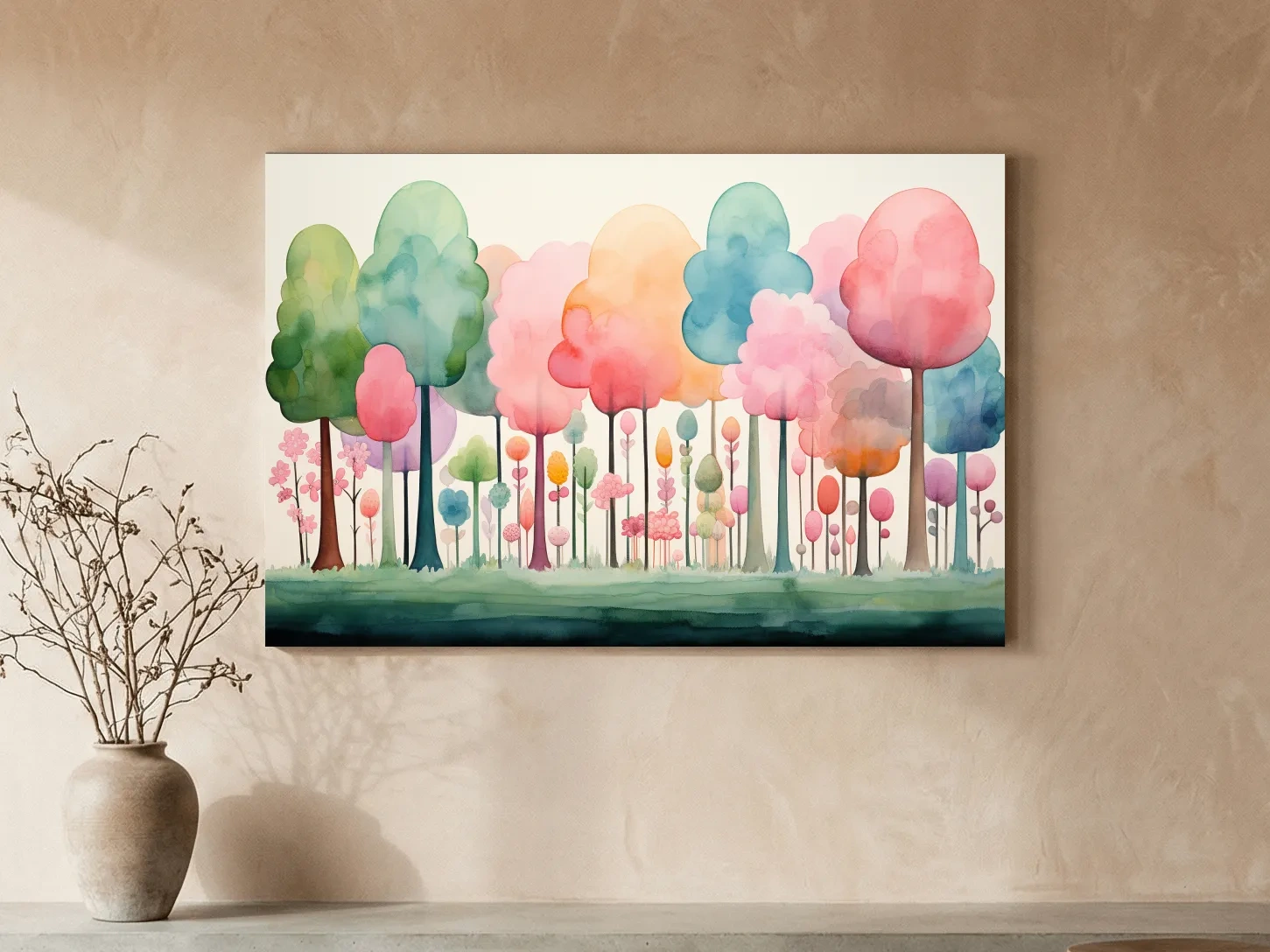 Whimsical Pastel Watercolor Forest - Colorful Nursery Wall Art