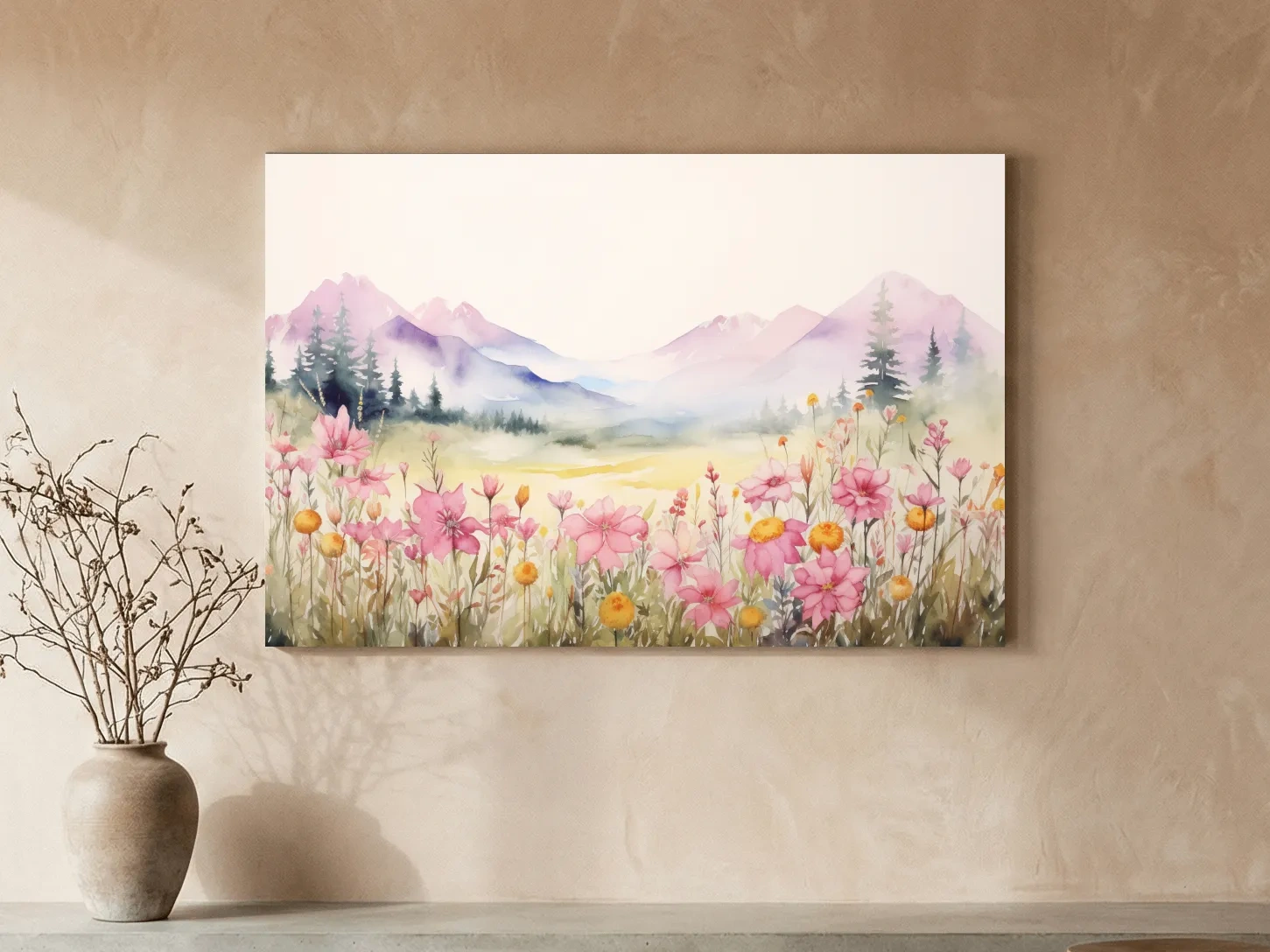 Pastel Wildflower Meadow Mountains Watercolor - Serene Alpine Wall Art