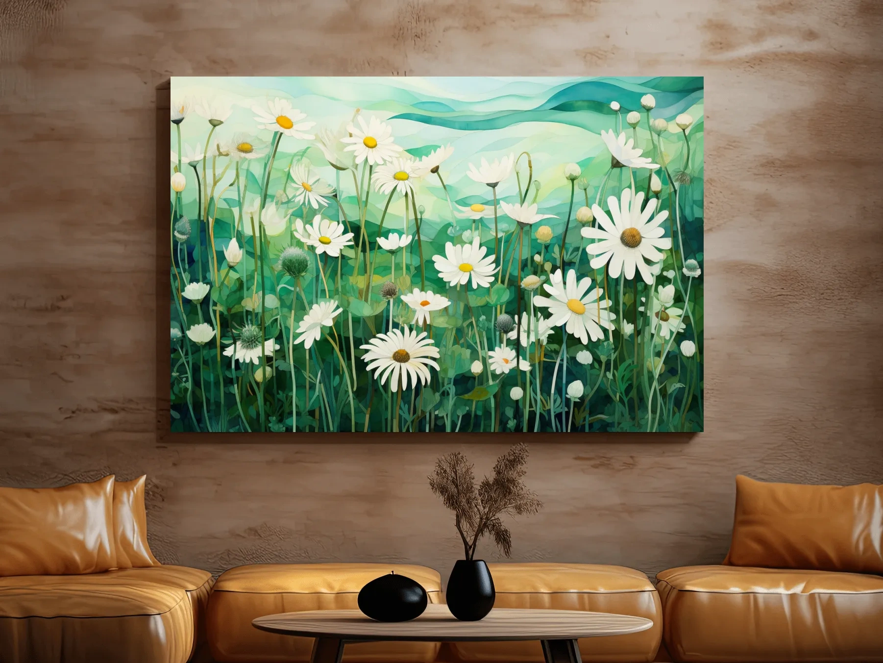 Whimsical Wild Daisy Meadow Landscape - Botanical Watercolor Style Wall Art