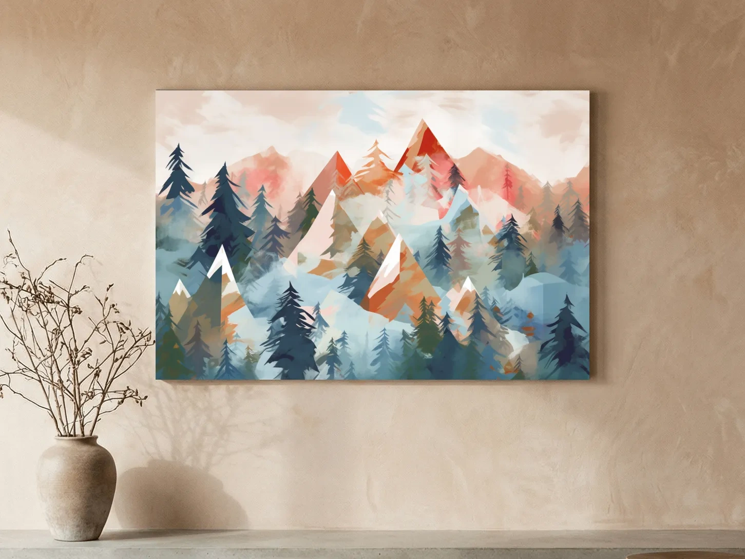 Abstract Watercolor Alpine Mountains And Pine Forest - Modern Geometric Landscape Wall Art