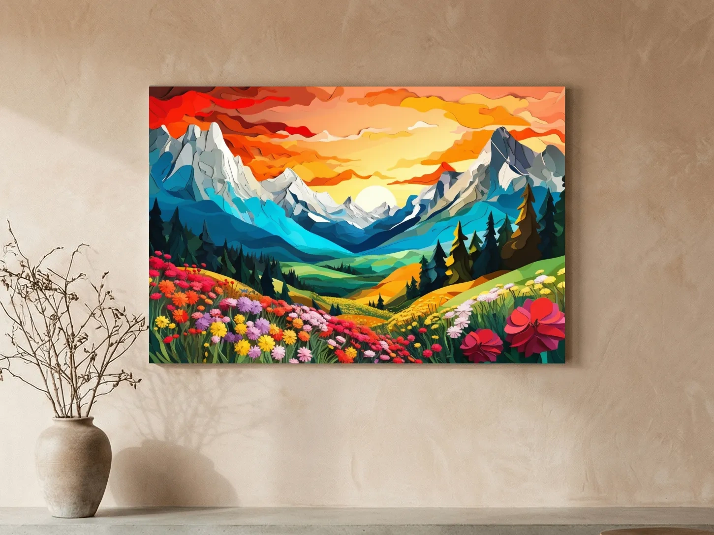Vibrant Wildflower Mountain Valley Sunset - Colorful Paper Cutout Style Wall Art