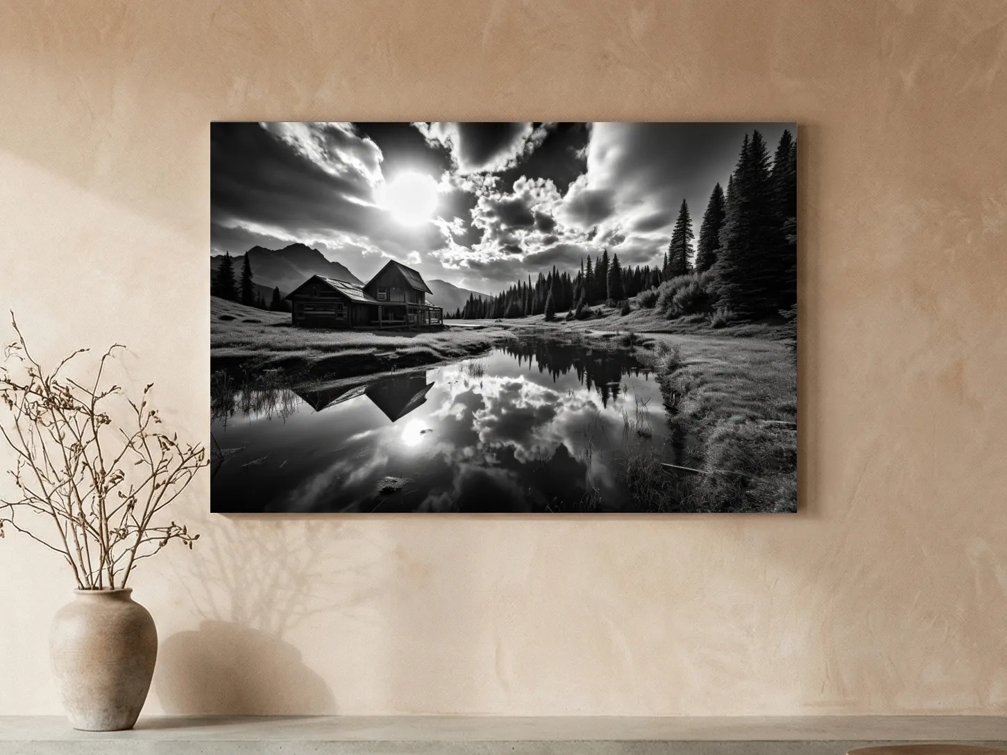 Moody Black And White Mountain Cabin Reflection - Dramatic Alpine Landscape Photography Wall Art