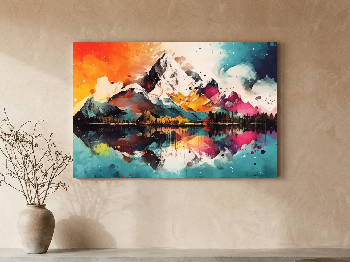 Vibrant Abstract Mountain Lake Collage Artwork - Colorful Watercolor Splash Wall Art