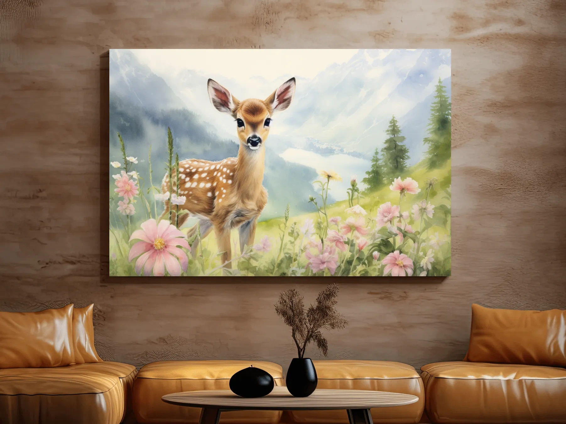 Painting of a deer fawn in the alpine meadows