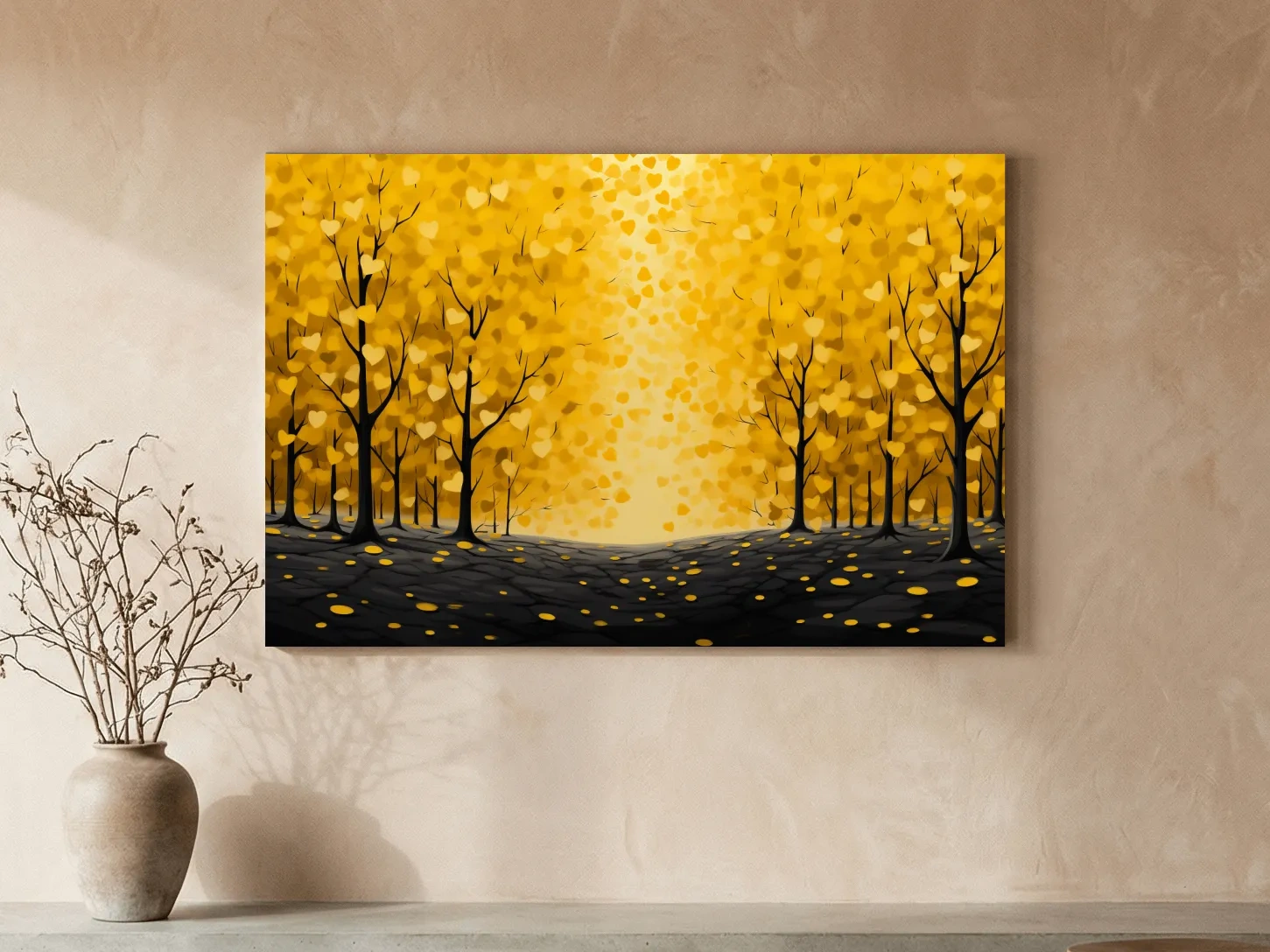 Golden Autumn Forest Canopy Painting - Warm Love Heart Wall Art