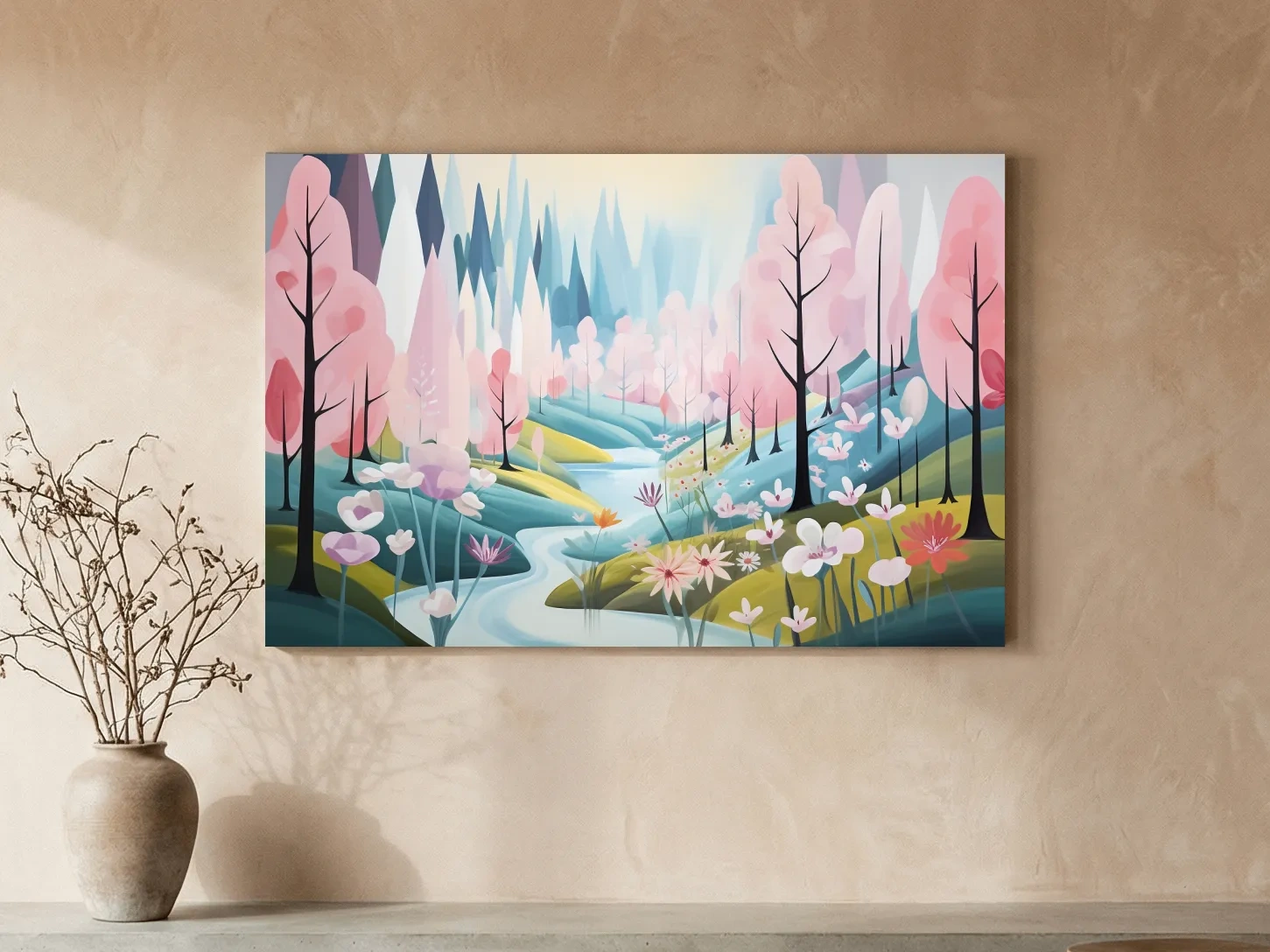 Dreamy Pastel Pink Blossom Forest - Whimsical Floral Landscape Wall Art