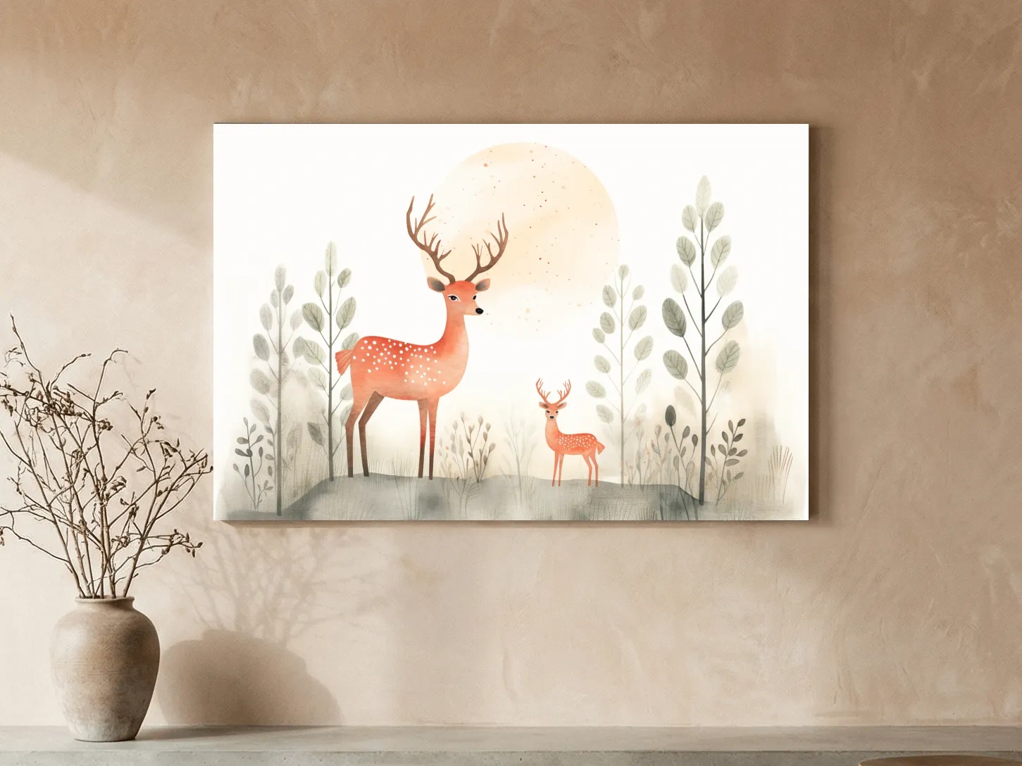 Whimsical Watercolor Deer Family Illustration - Scandinavian Nursery Forest Wall Art