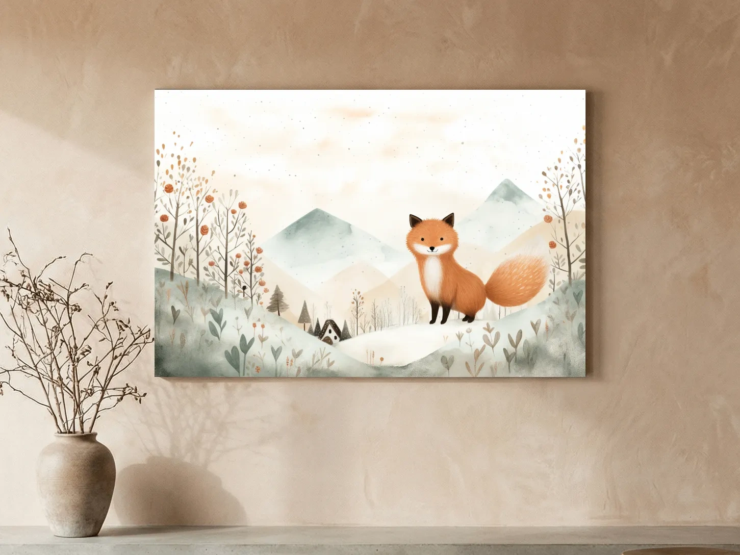 Whimsical Watercolor Fox In Pastel Mountains - Cute Nursery Animal Wall Art