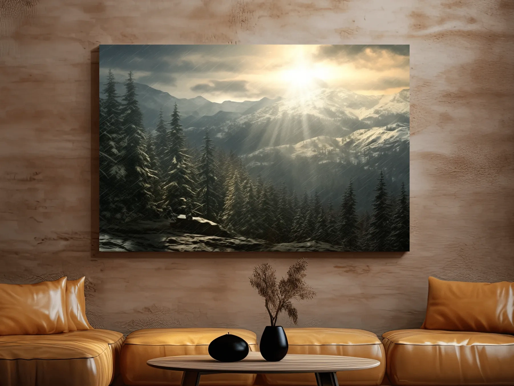 Sunset snowstorm, realistic snow mountain painting