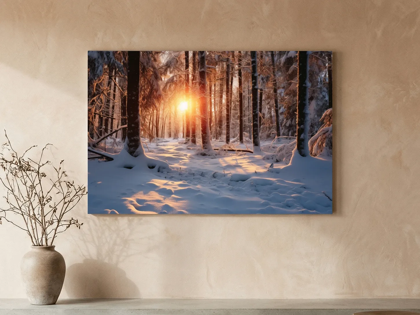 Golden Winter Sunrise Snowy Forest - Serene Nature Landscape Wall Art