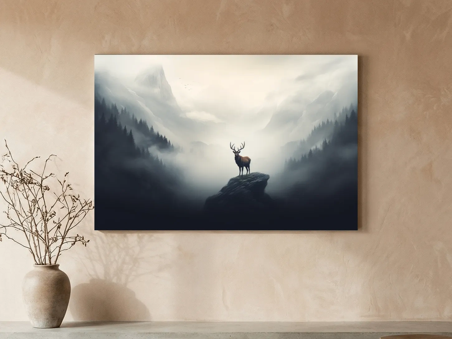 Majestic Stag On Rocky Peak - Misty Mountain Forest Wall Art