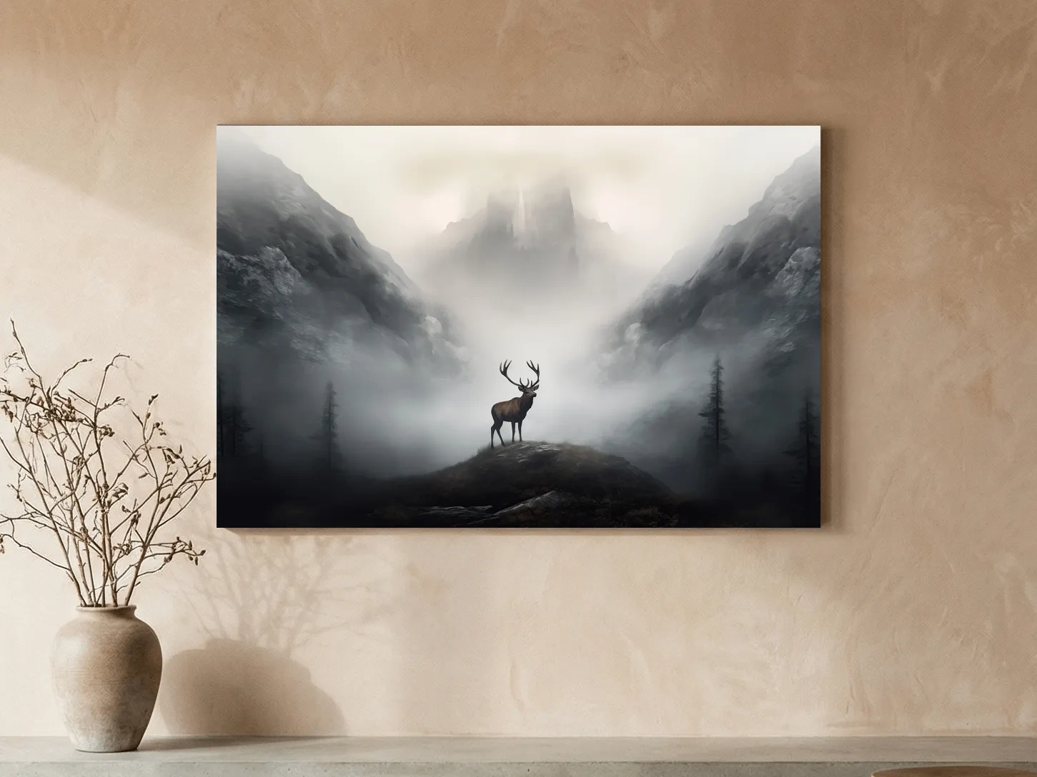 Moody Misty Mountain Stag Silhouette - Atmospheric Wildlife Landscape Art