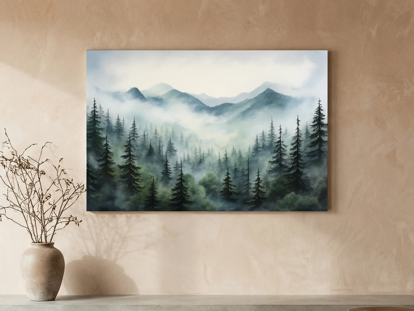 Misty Alpine Forest Painting - Foggy Mountain Landscape Art