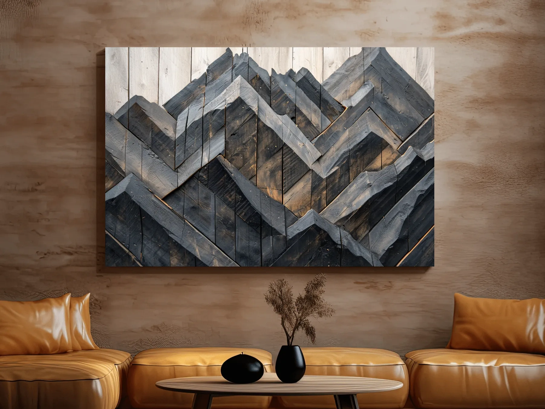 Geometric Wood Mountain Mosaic - Modern Rustic Landscape Wall Art