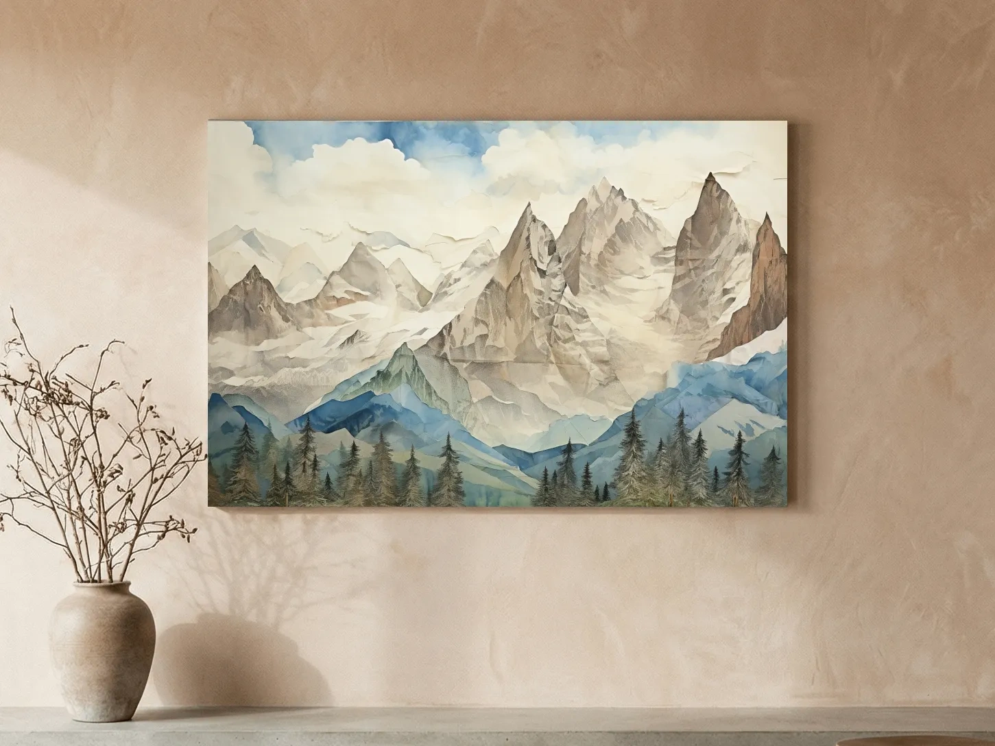 Misty Paper Cut-out Alpine Mountain Range - Serene Forest Landscape Wall Art