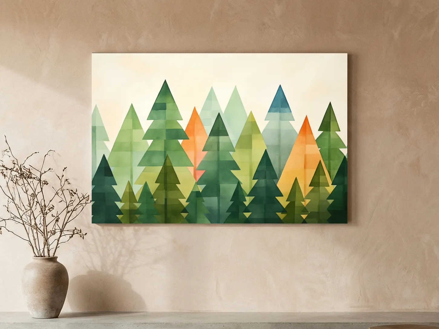 Geometric Watercolor Pine Forest Landscape - Modern Scandinavian Nature Wall Art