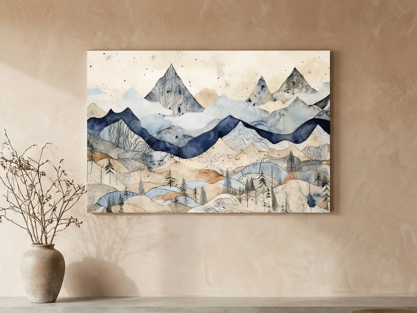 Patchwork Watercolor Mountain Range - Modern Alpine Landscape Wall Art