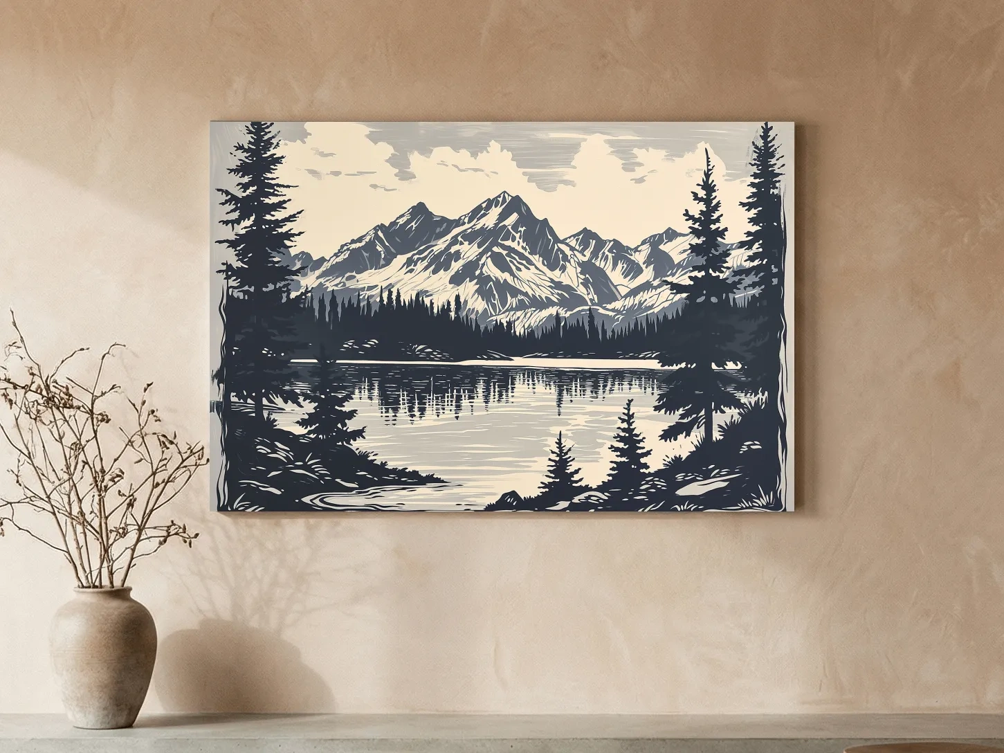 Vintage Alpine Lake Mountain Illustration - Monochrome Linocut Style Artwork