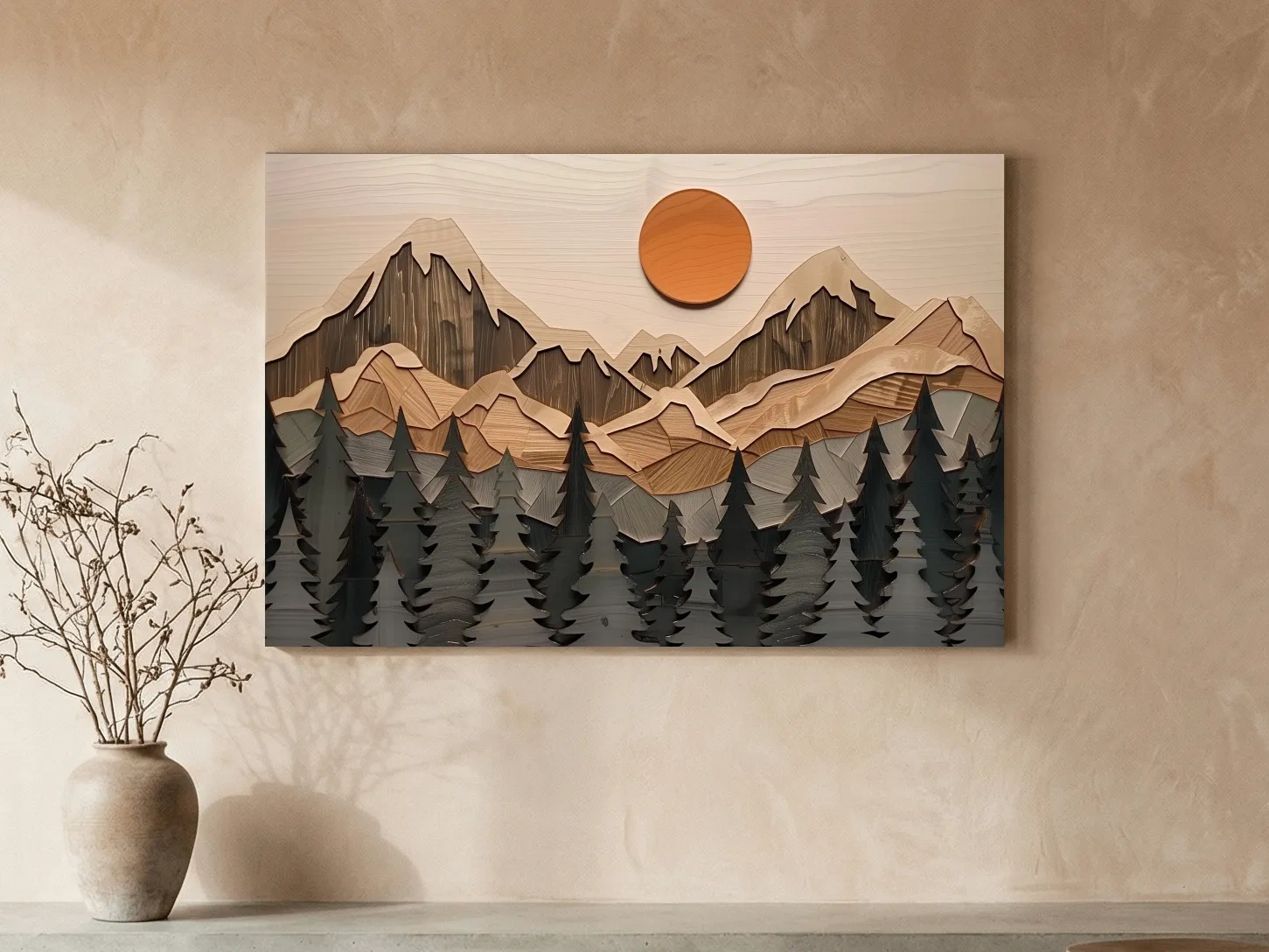 Rustic Geometric Wood Grain Mountain Sunrise - Pine Forest Landscape Wall Art