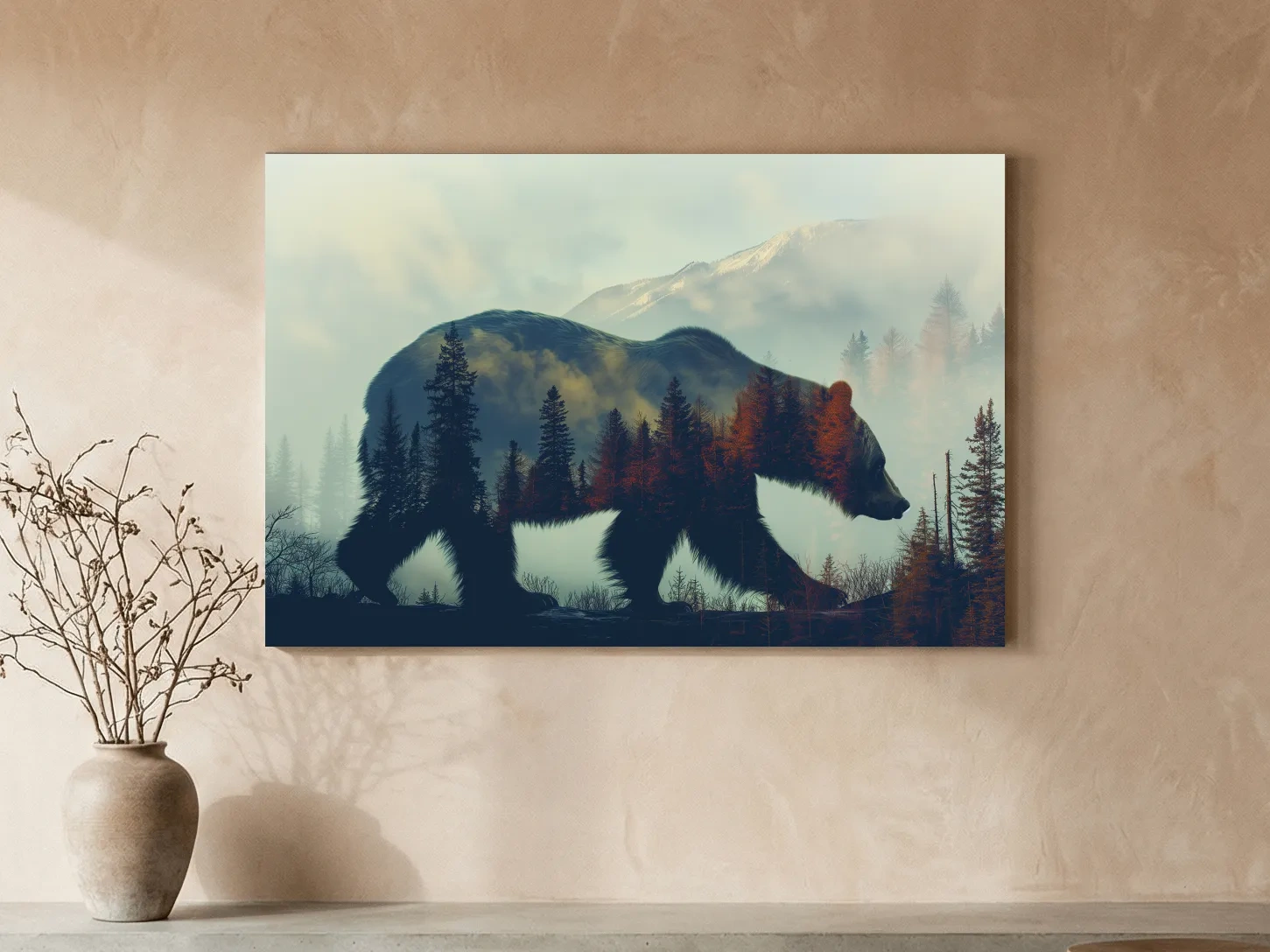 Moody Double Exposure Grizzly Bear Silhouette - Misty Pine Forest Mountain Wall Art