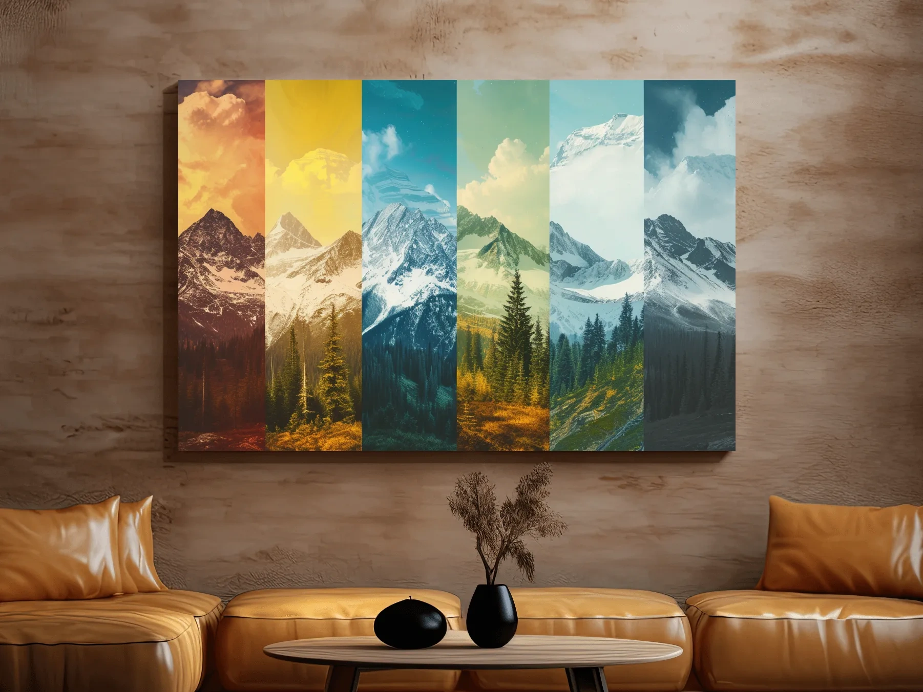 Changing of seasons, alpine forest and glacier art, split panel artwork